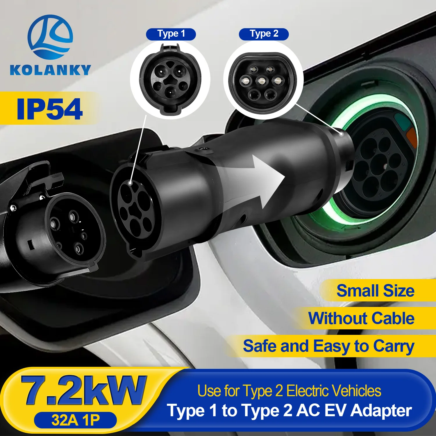 

Kolanky 32A 7.2KW Тип 1–Type 2 Адаптер EV Sae J1772 к IEC62196-2 Разъем для зарядки электромобилей для зарядного устройства Type2