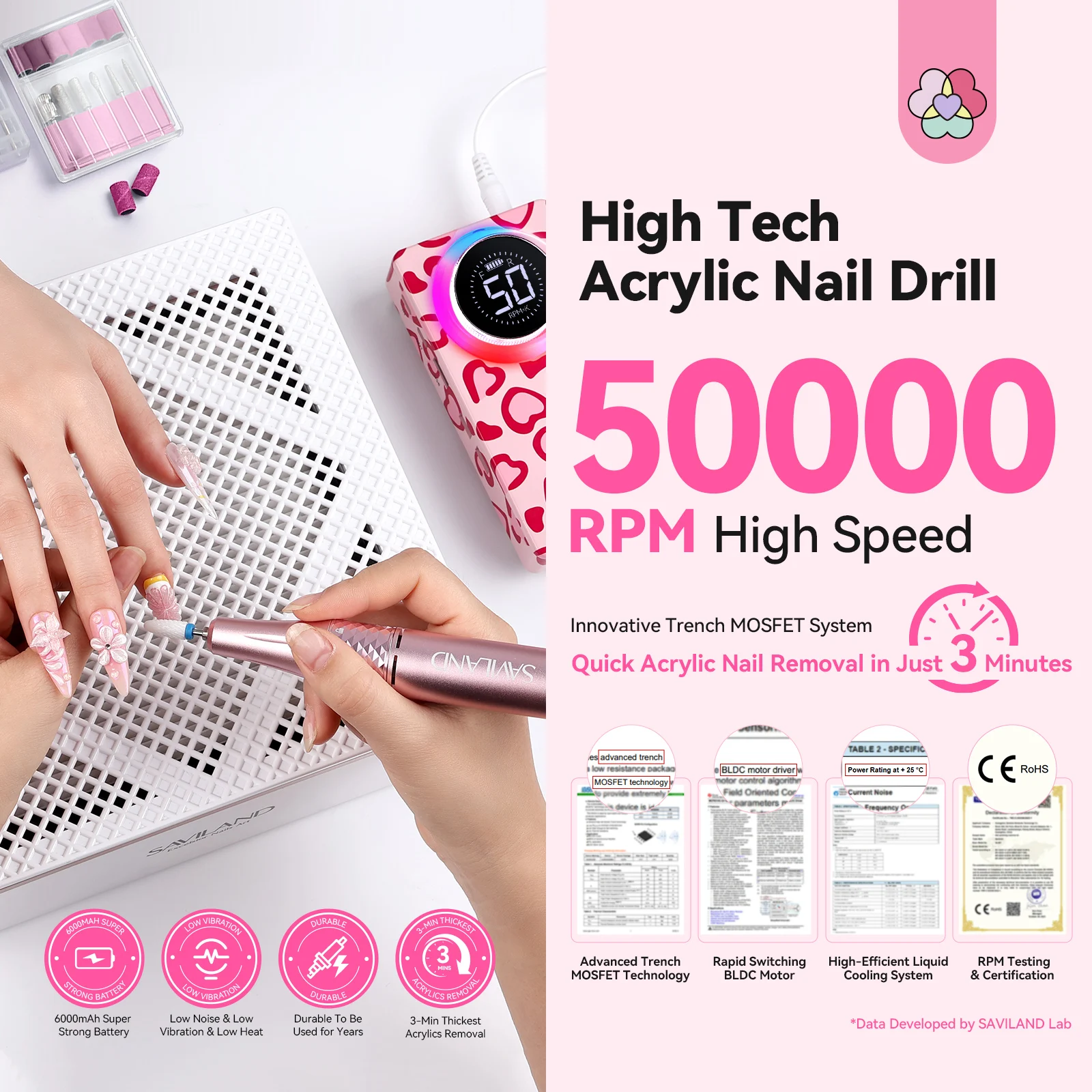 SAVILAND 50000 RPM elektrische nagelboormachine Oplaadbare nagelboorset met keramische boren voor snelle acrylnagelverwijdering