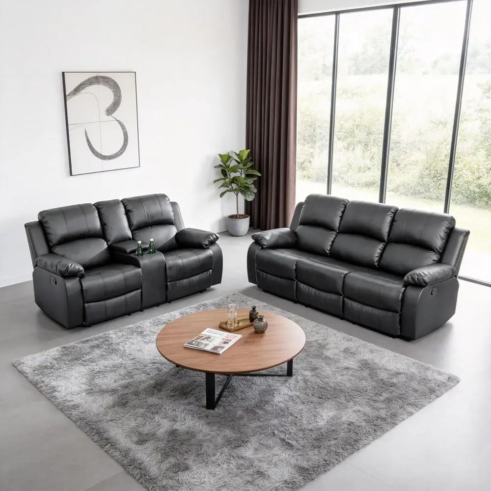 

Leather Reclining Sectional Sofa Set with Storage and Convertible Table, Multiple Living Room Configurations (Loveseat+Sofa, Bla