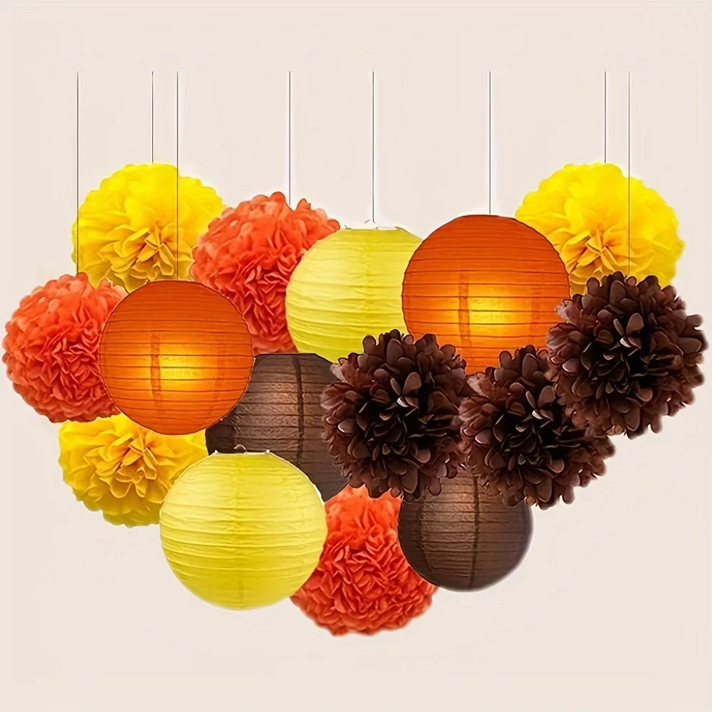 16pcs Yellow Brown Orange Fall Party Decoration Paper Lanterns Paper Flower Set Thanksgiving day, Fall Bohemian Birthday