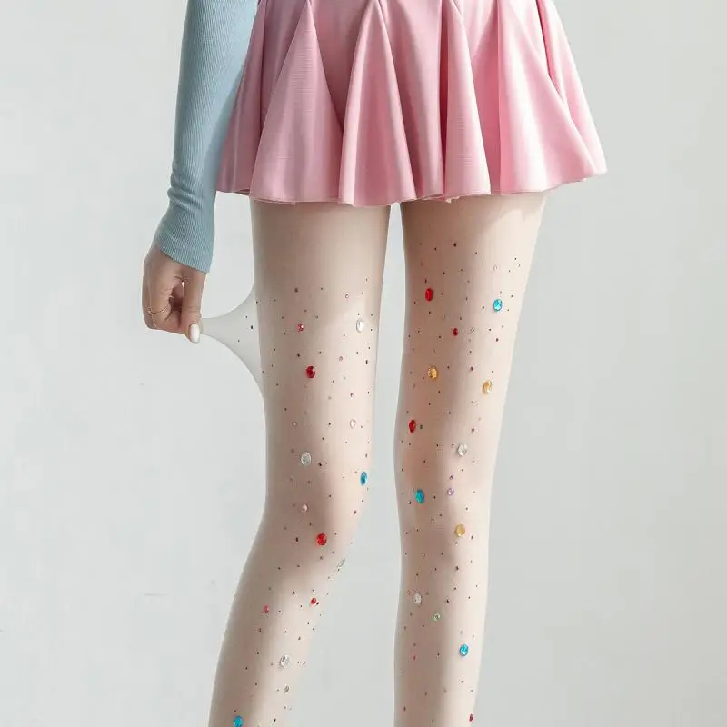 2PCS 40-52KG Women Thin Crystal style Girl Student Tights Multi color Studded Starry Pantyhose Silk Multicolor Stockings New