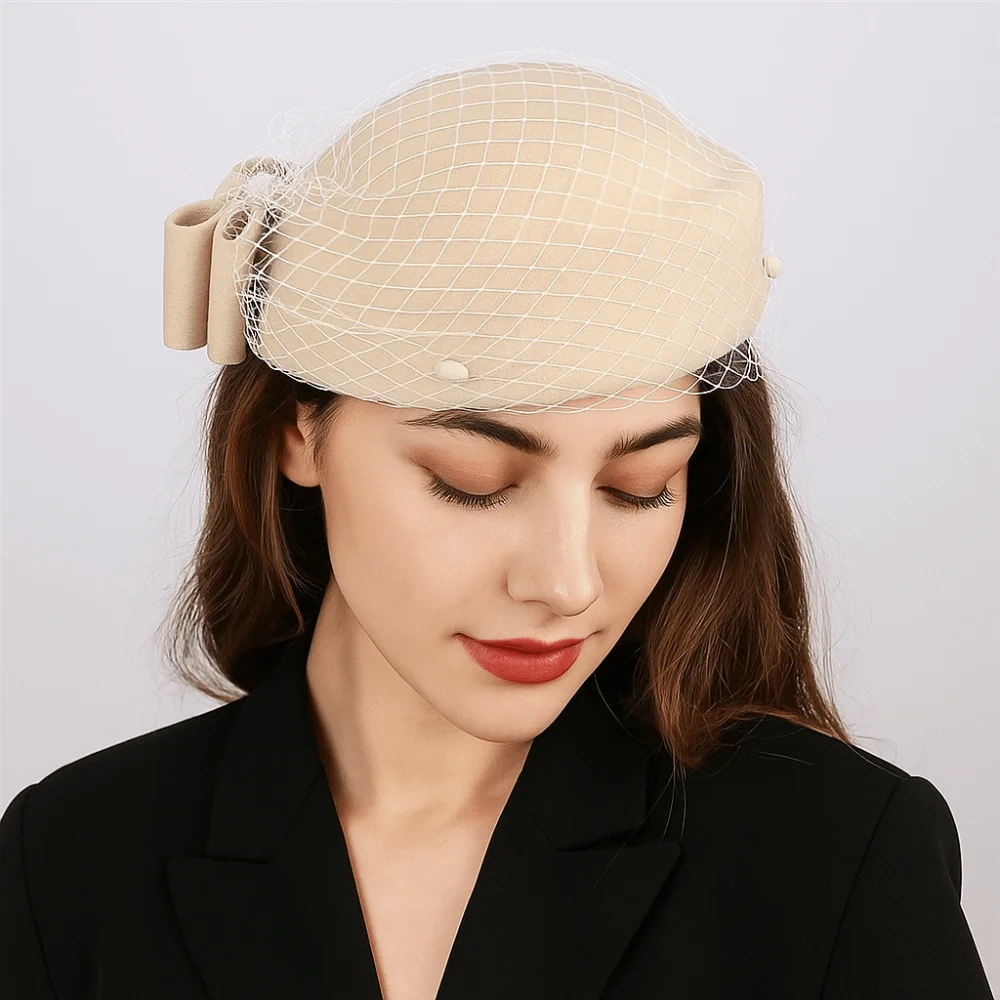 Jazz Hat Mesh Wool Bow Hat with Veil Solid Color Cashmere Pillbox Hat British Style Photography Decoration Topper Hat Wedding