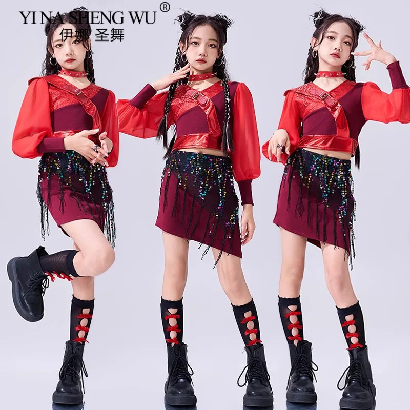 مجموعة الفتيات ملابس رقص الجاز للأطفال K-pop Dance Hip Hop Street Dance Performance زي أحمر بأكمام طويلة مجموعة تنورة علوية