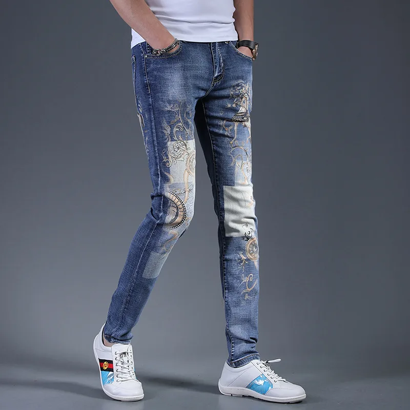 Luxury and fashionable printed jeans for men in 2024 new denim clothing with slim fit and elastic feet trendy casual pants