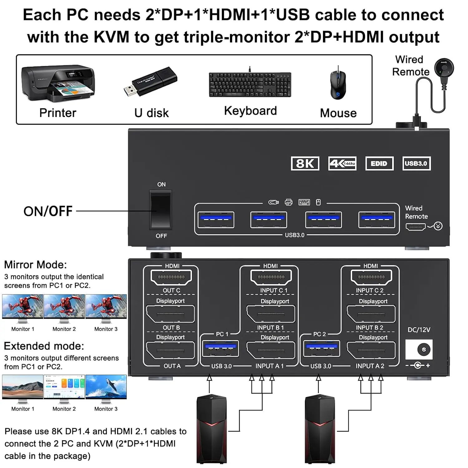 ​KVM Switch 3 Monitors 2 Computers 8K@60Hz 4K@144Hz, HDMI+2 Displayport KVM Switch Triple Monitor for 2 Computer Share 3 Monitor