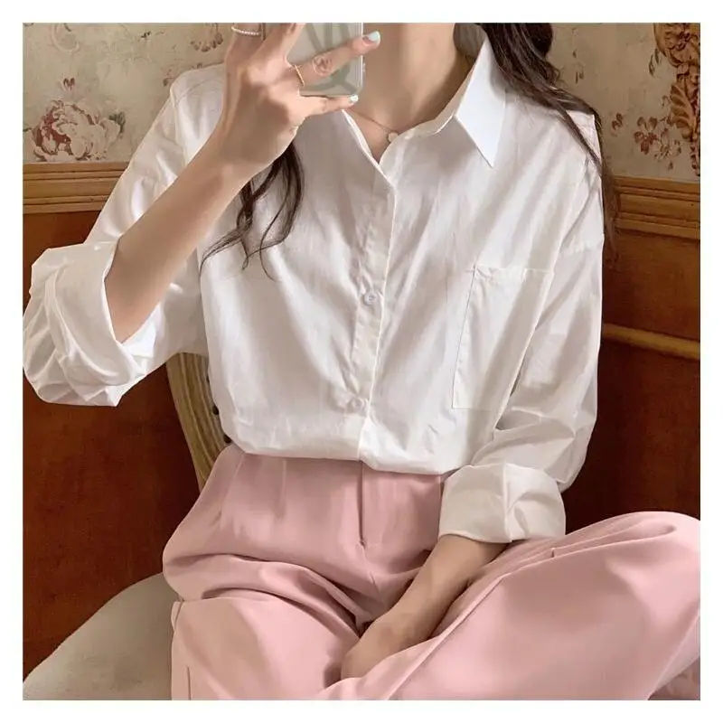 

Модная женская блузка из смесового хлопка для повседневной носки и верхней одежды, новинка 2026 года, свободный крой, универсальная, с длинным рукавом, для работы