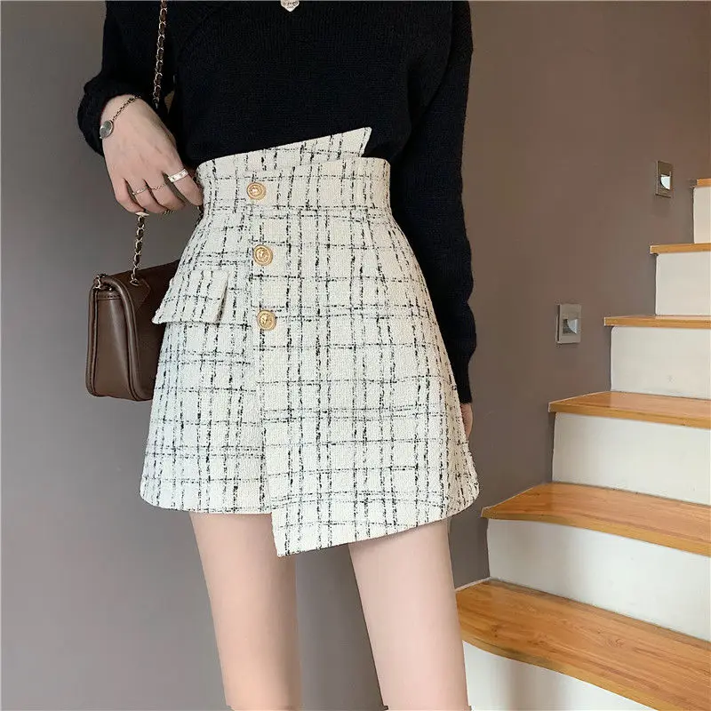 Autumn Winter 2023 Classic Woolen Style Plaid A- Line Sexy Mini Shorts Women 2XL Elegant Irregular High Waist Shorts Skirt Women