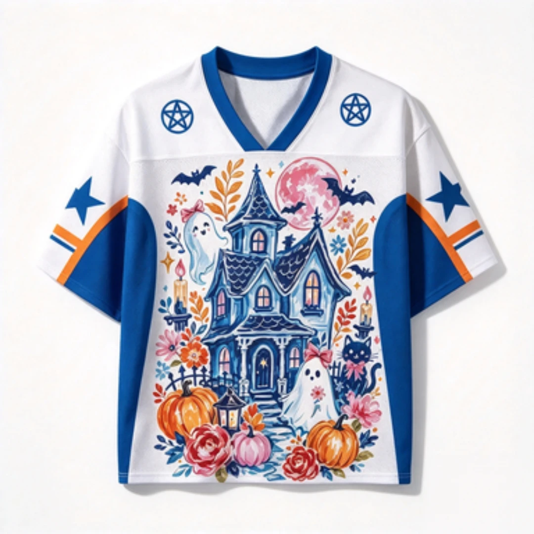 Halloween Jersey Number 31 with Ghost Pumpkin and Haunted House Print Suitable for Halloween Party Sports and Casual T-shirt