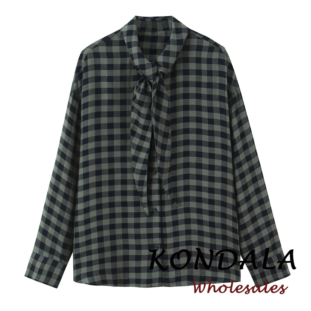 KONDALA Schicker Karierter Schal 2026 Damen Bluse Schnürung Streetwear Lockeres Hemd Lässige Mode Frühling Langarm Elegantes Damenhemd