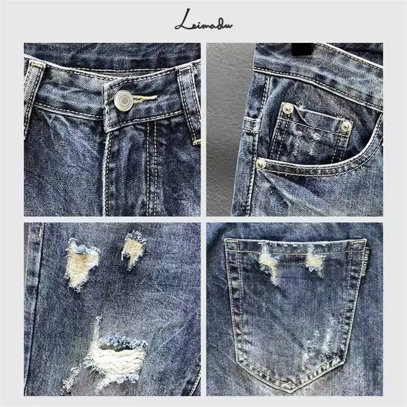Męskie jeansy retro z dziurami i efektem zniszczenia, luźne, proste, krótkie, w stylu koreańskim, dżinsowe spodnie beggar.