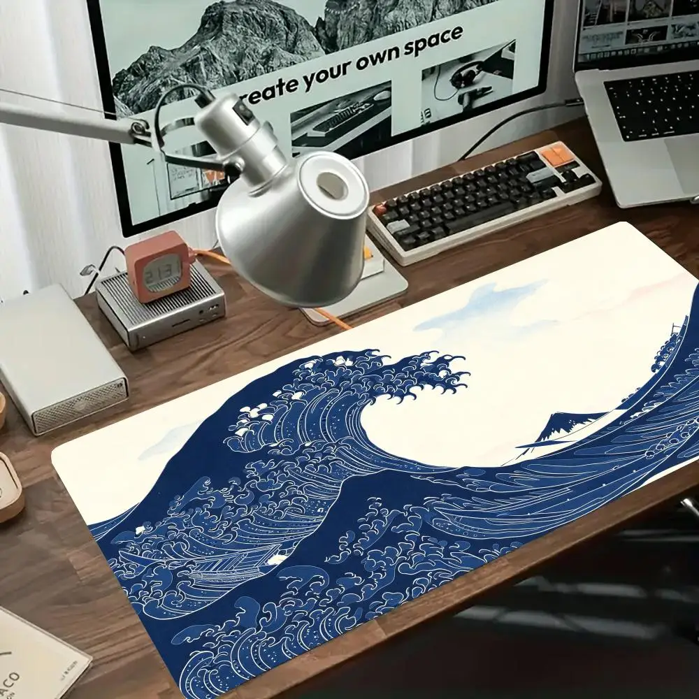 Retro Ukiyo E Vintage Japanese Ocean Wave Art Large Table Playmat Mousepad For Daily Office Gaming Usage