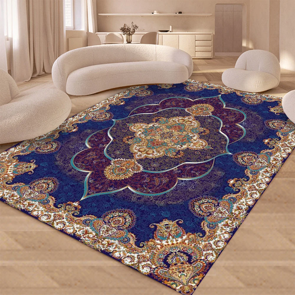 Persian Pattern Carpet Mat Rug Floral Medallion Luxury Vintage Design Blue Gold Home Decoration Living Room Non-slip Floor Mat
