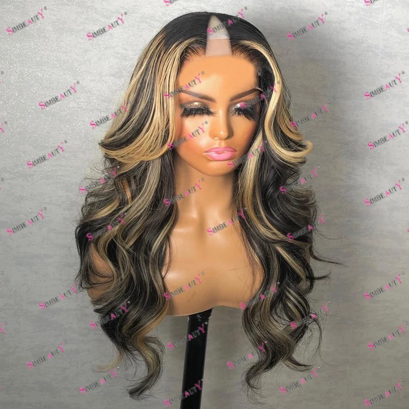 

100% Remy Black Women Human Hair Dark Brown Bayalage 1x4 Size Middle V Part Wigs Highlight Copper Brown Long Wavy V Part Wigs