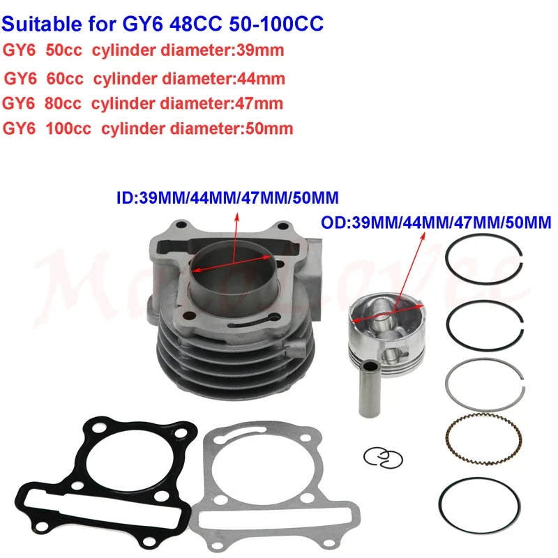 Motolovee GY6 39mm 44mm 47mm  50mm Big Bore Kit Cylinder Piston Ring Set for  Scooter Moped 139QMB GY6 50 60 80 100 cc