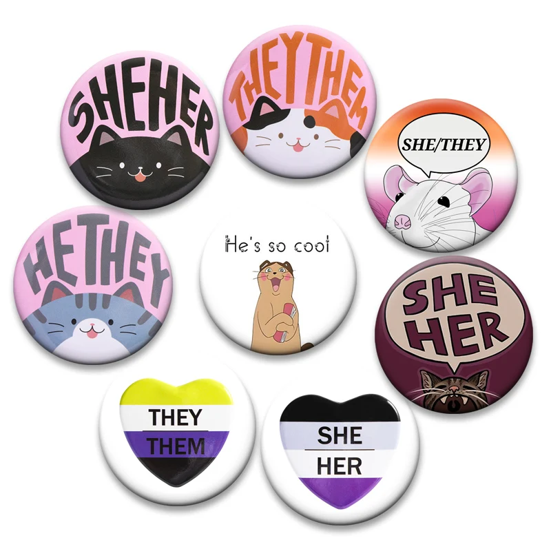 Beautiful Tinplate Pins Cartoon Cats She Her He Him They Them It Its Brooches Cute Animal Badge Jewelry Gifts for Lover Friend