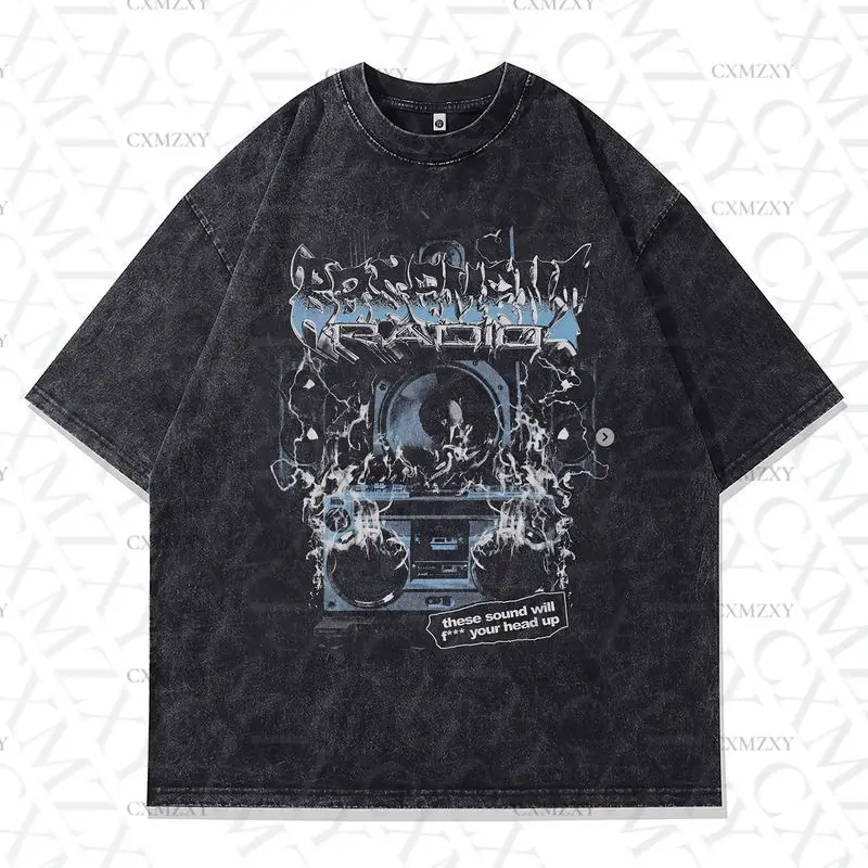 

Hip-hop retro old washed short-sleeved men's street vibe ruffian handsome design printed cotton T-shirt