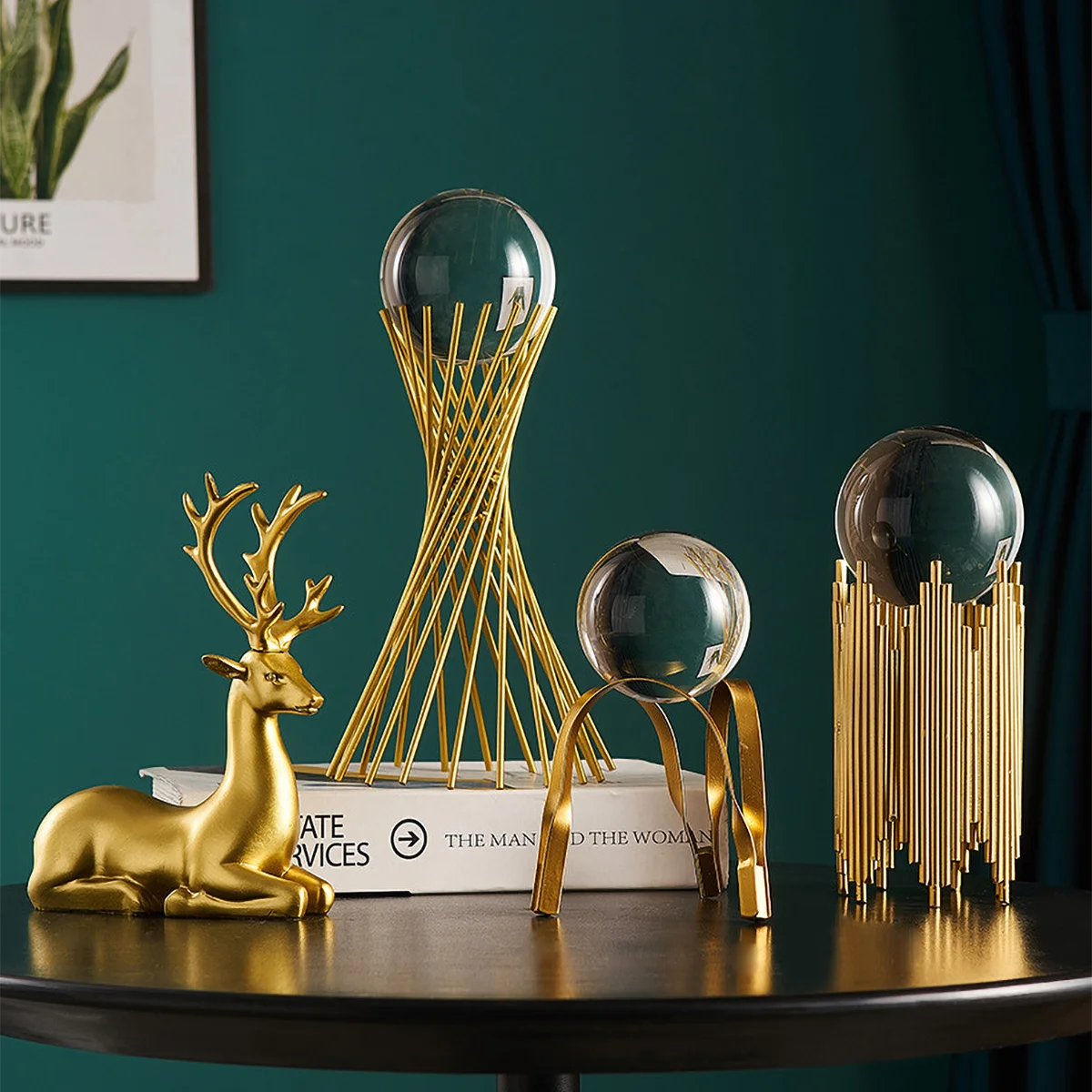 Modern Luxury Golden Metal & Clear Crystal Ball Home Decor - Deer Figurine & Multi-Stand Ornament for Living Room Tabletop