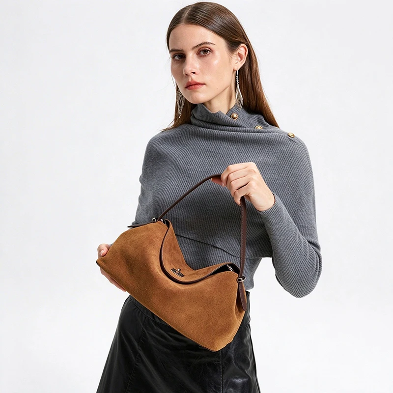 2026 Autumn Winter Women Bowling Tote Bag Matte Suede Cowhide Leather Shoulder Handbag Coffee Red Noble All-match Purse
