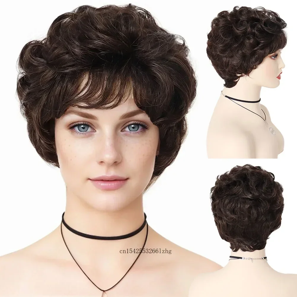 

Brown Curly Wig with Bangs Synthetic Natural Short Wigs for Women Heat Resistant Fiber Costume Wigs Cosplay Mommy Wigs Daily Use