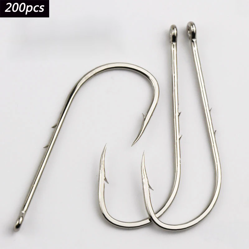 200pcs/box Fishhooks Mixed Size 1# 3# 5# 7# Hook Long Shank Double Bait Holder Barbed Fishing Hooks for Beach And Live Bait