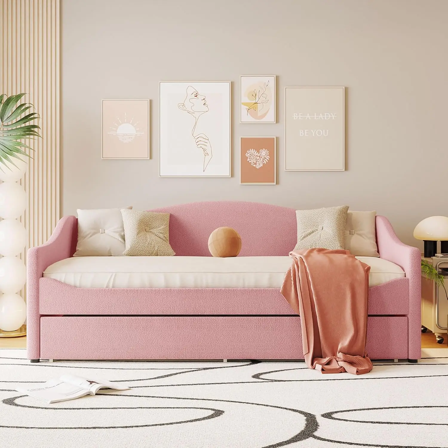 Twin Size estofados Daybed com luzes LED e moldura, moderno Bed Track Design, Teddy Fleece, sofá-cama Frame, sem Box Spring