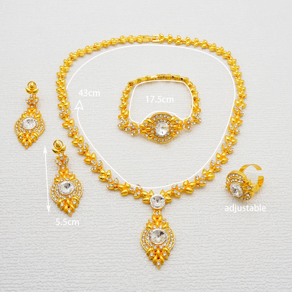 Luxus Dubai Gold Farbe Doppels chicht Halskette Schmuck Sets für Frauen afrikanischen Wasser tropfen Kristalls chmuck indischen Set Geschenke – Detail 35