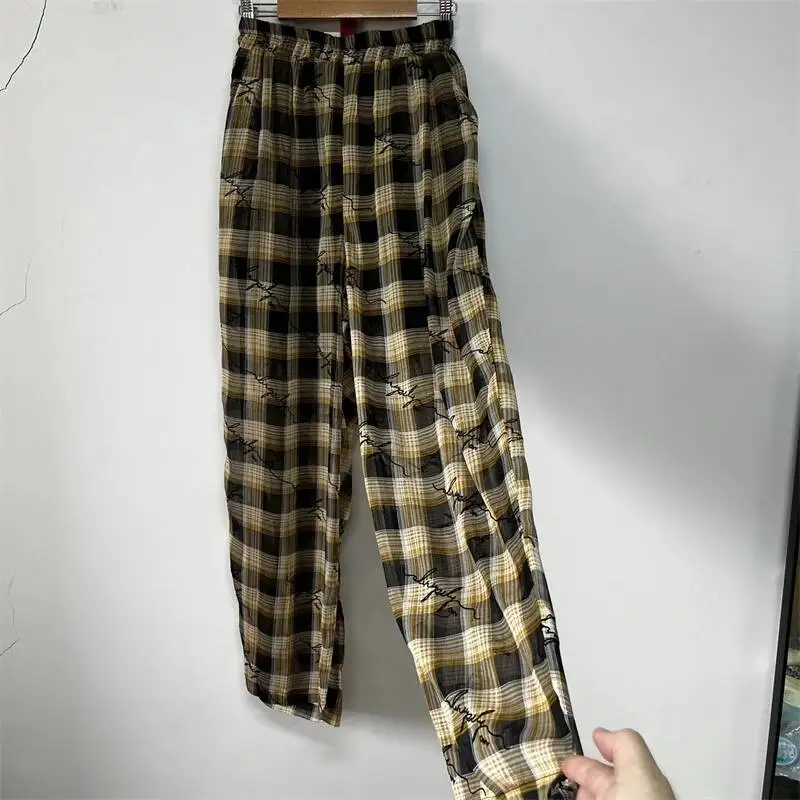 British Style Plaid Semi Sheer Chiffon Flocked Letter Print Wide Leg Trousers Men Elastic Waist Loose Casual Pants NS4R