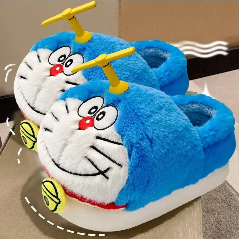 Cute Doraemon Winter Cartoon Cotton Slippers Stitch Plush Slides Home Flat Flip Flops Warm Floor Slippers Cute Soft Women Shoes