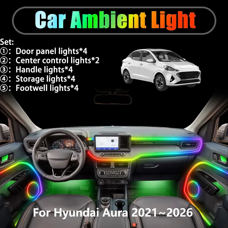 

Для Hyundai Aura 2021 ~ 2026 AI3 Grand i10 2/18 в 1 Автомобильное окружающее освещение Светодиодные внутренние светодиодные фонари багажника USB RGB Ensemble Streamer