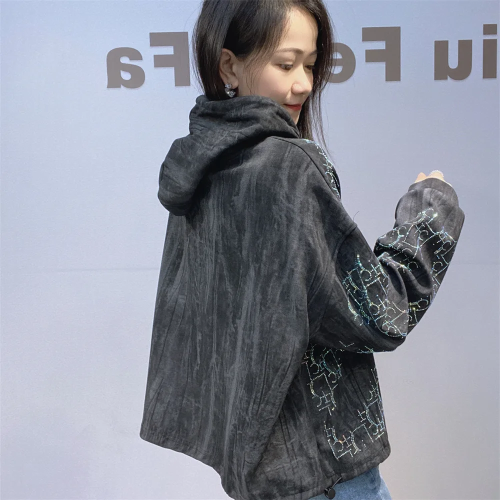 Otoño Invierno de manga larga para mujer suéteres con capucha moda patrón de letras diamantes sudaderas sueltas jerseys ropa de mujer