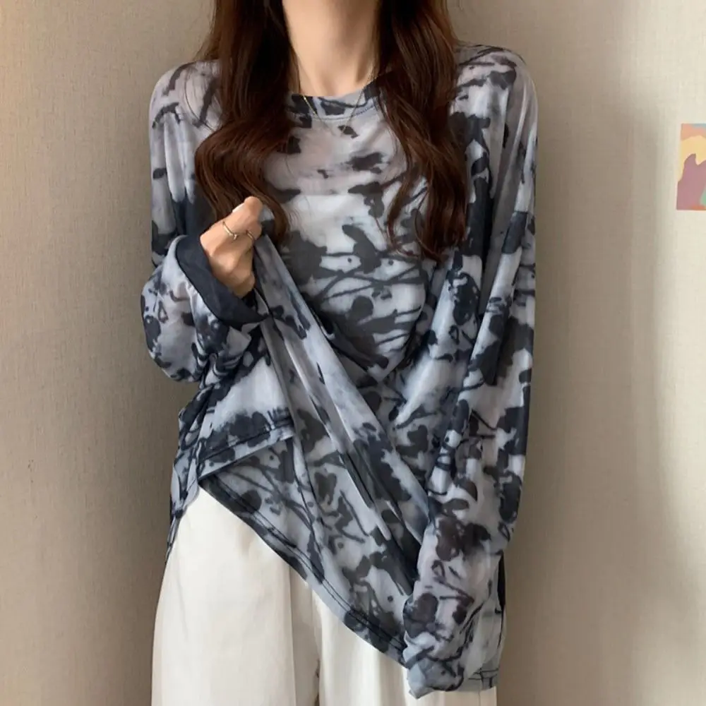 

Stylish Thin Long Sleeve T-shirt Transparent Sunscreen Loose Cover Up Tops See Through Bottoming Shirt Tie Dye Pullover Summer