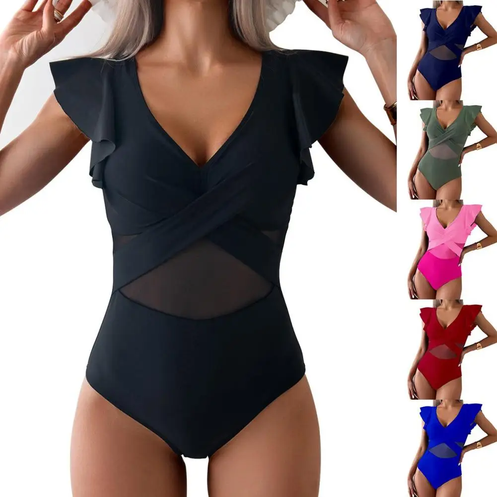 Womens Tummy Control Swimsuit V Neck Ruched 1Piece Bathing Suits Slim Fit Ruffle Sleeve Swimwear