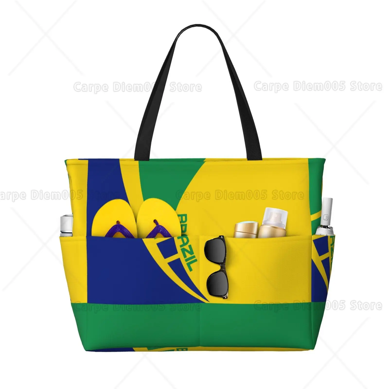 Brazil Flag Beach Bag Sandproof Large Capacity Beach Travel Bag Pool Travel Swim Grocery Tote Bag with Cuo Holder