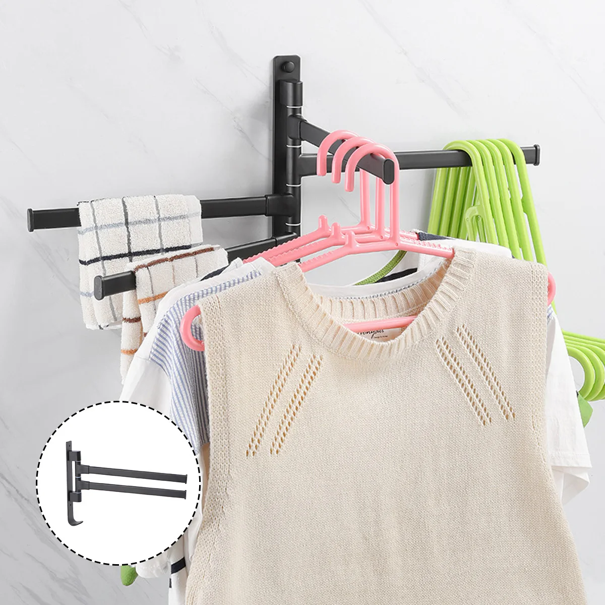 

1Pcs Black Aluminum Alloy Towel Rack Rotatable Punch-Free Wall-Mounted Bathroom Storage Rack 2 Bars Space-Saving