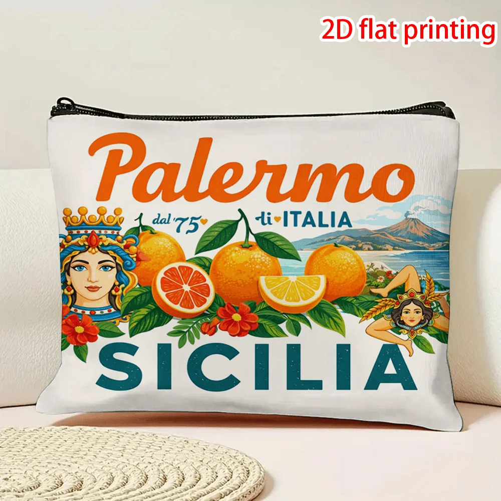 Palermo Sicily Cosmetic Bag with Orange and Floral Design, White Fabric with Zipper Closure, Ideal for Travel and Daily Use