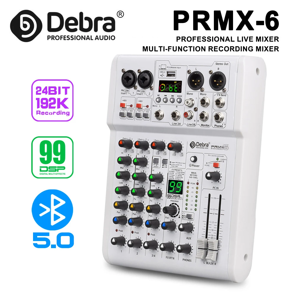 

Аудиомикшер Debra PRMX-6 с 99 цифровыми ревербераторами DSP, поддержкой 24-бит/192 кГц, для студийного использования.