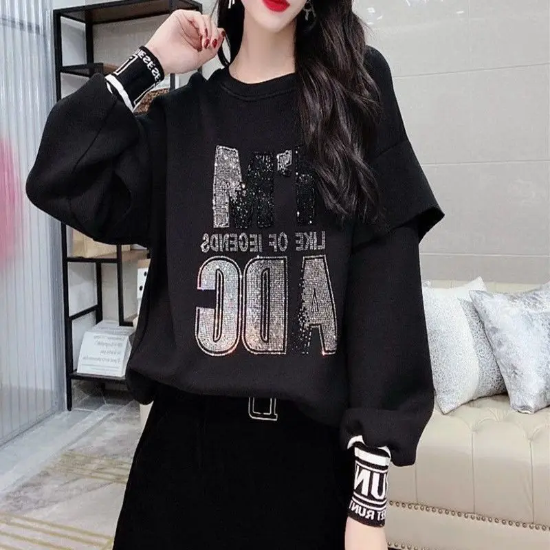 Fashion Fake Two Pieces Letter Diamonds Tops Women\'s Clothing Korean Loose Round Neck Solid Color Sweatshirts Spring Autumn