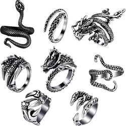 8 Pieces/Set Vintage Dragon and Snake Animal Open Ring Octopus Eagle Claw Men's Party Punk Ring Accessories