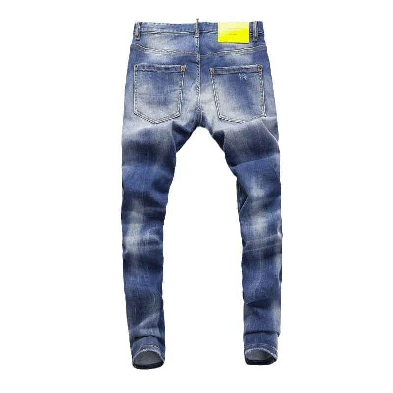 Fashion Streetwear Men Jeans High Quality Retro Blue Stretch Slim Fit Ripped Jeans Men Vintage Designer Brand Pants Hombre