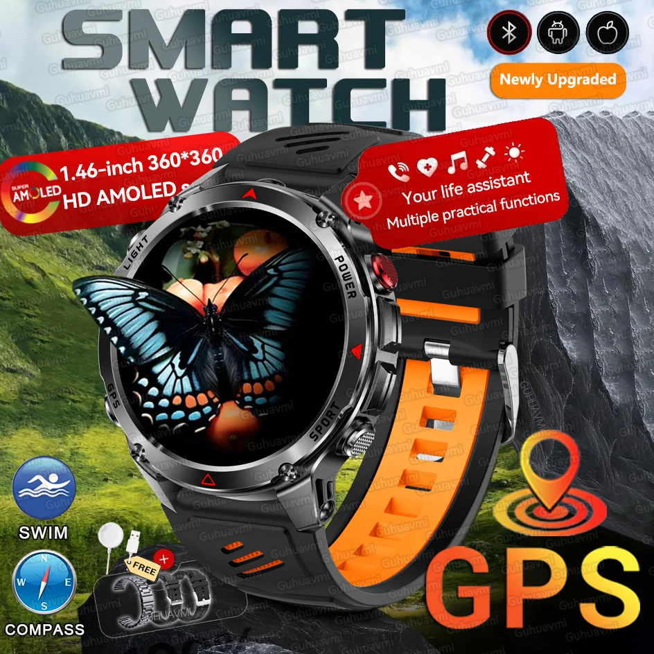 

2025New Military GPS Smart Watch Men AMOLED HD Screen BT Calling IP69 Waterproof Watch Compass Altitude Heart Rate Sports Watch