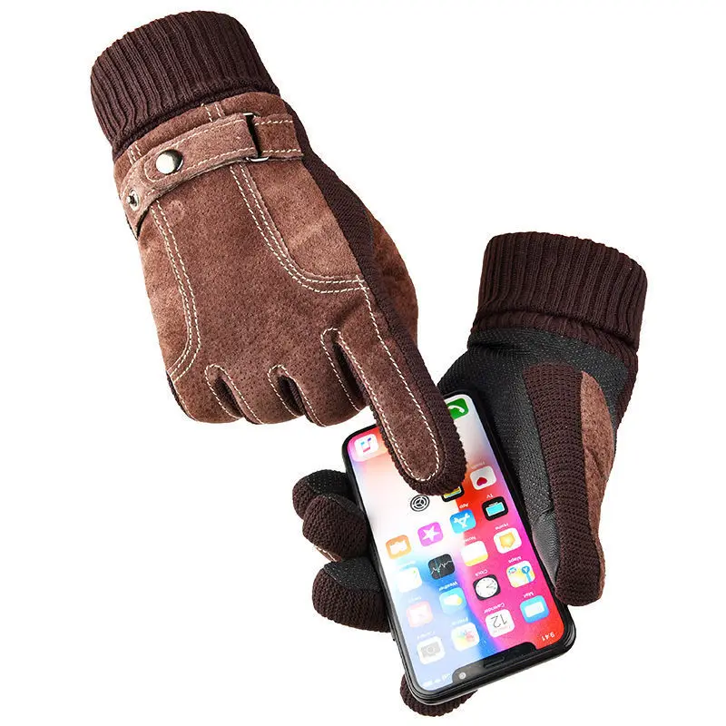 Leather Gloves for Men Winter Cycling Pig Skin Gloves Warm Fleece Business Thick Touch Screen Outdoor Motorcycle Non-slip Gloves