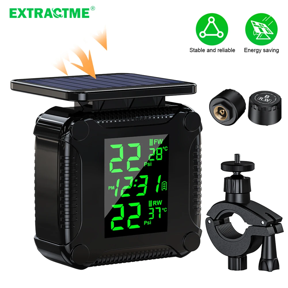 Extractme Tire Pressure Monitoring System Waterproof  LCD Display Motorcycle TPMS  Solar Charge Tyre Temperature Alarm Sensor