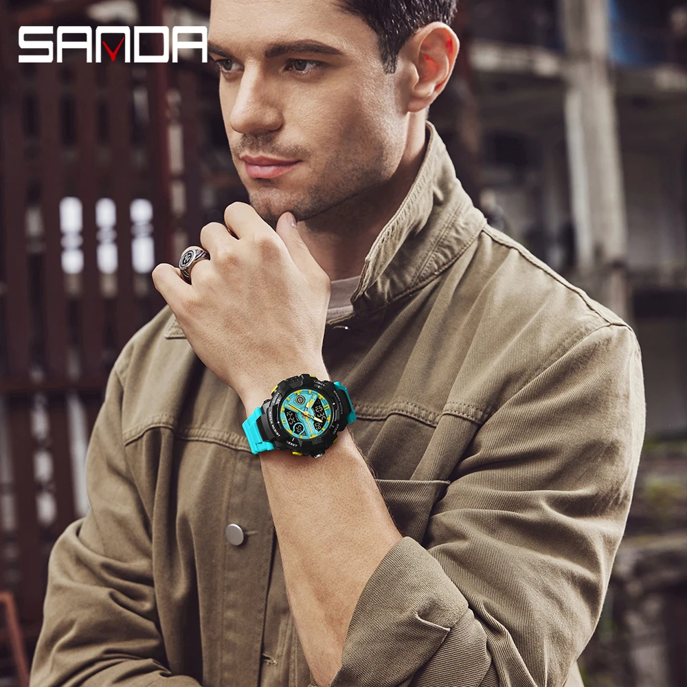 SANDA 6226 ساعة منبه رياضية للرجال ساعة توقيت إضاءة خلفية رقمية عرض مزدوج الوقت إضاءة مقاومة للماء ساعة كوارتز رجالية 2025