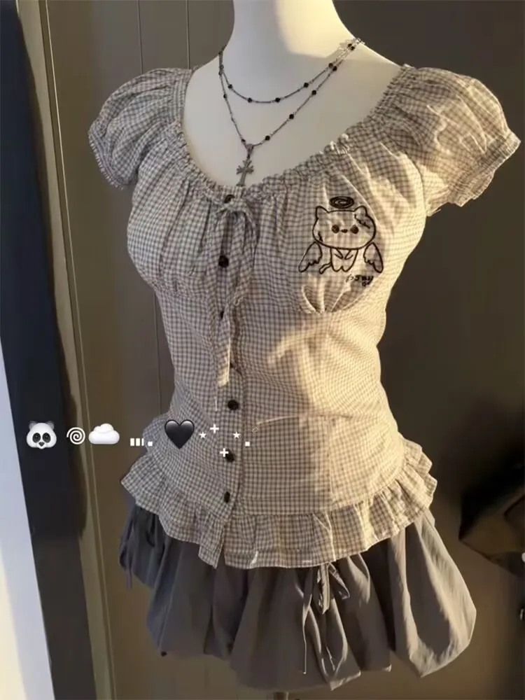 خمر لوليتا 2 قطعة مجموعة المرأة الصيف تصميم Kawaii سليم منقوشة قصيرة الأكمام Y2k القمم الرجعية عالية الخصر التجاعيد البتلة تنورة صغيرة