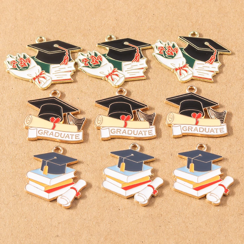 10 Pcs Enamel Mortarboard Charms for Jewelry Making DIY Necklace Earring Graduation Ceremony Gifts Craft Supplies