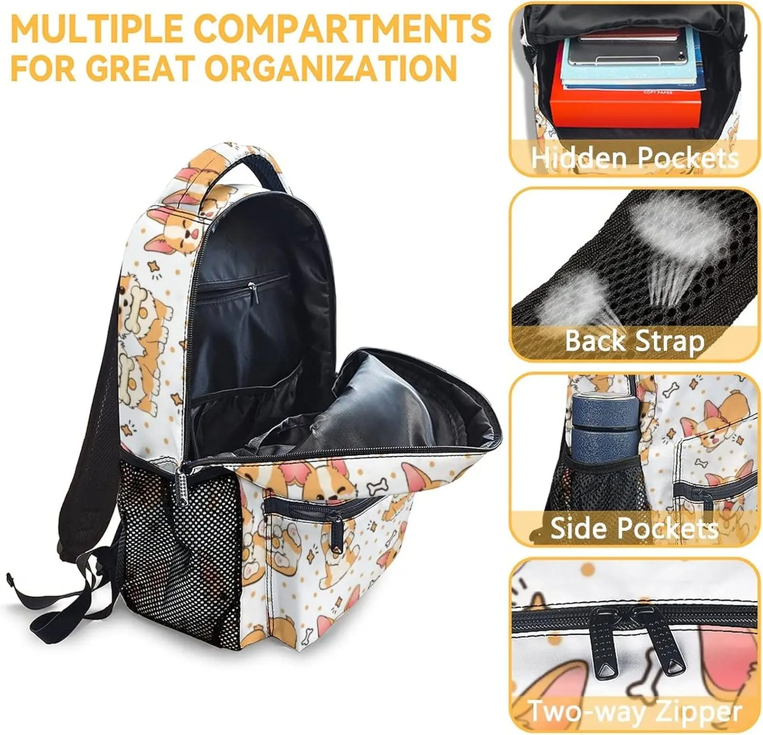 Simpatico zaino Corgi, bookbag a tema cane da 16 pollici con cinghie regolabili, durevole, leggero, grande capacità, zaino scolastico