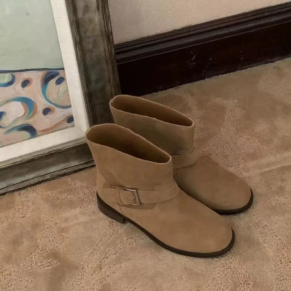 

Корейские женские зимние ботинки с круглым носком на низком каблуке, кожаные, с ремешками на щиколотке, повседневные, на резиновой подошве