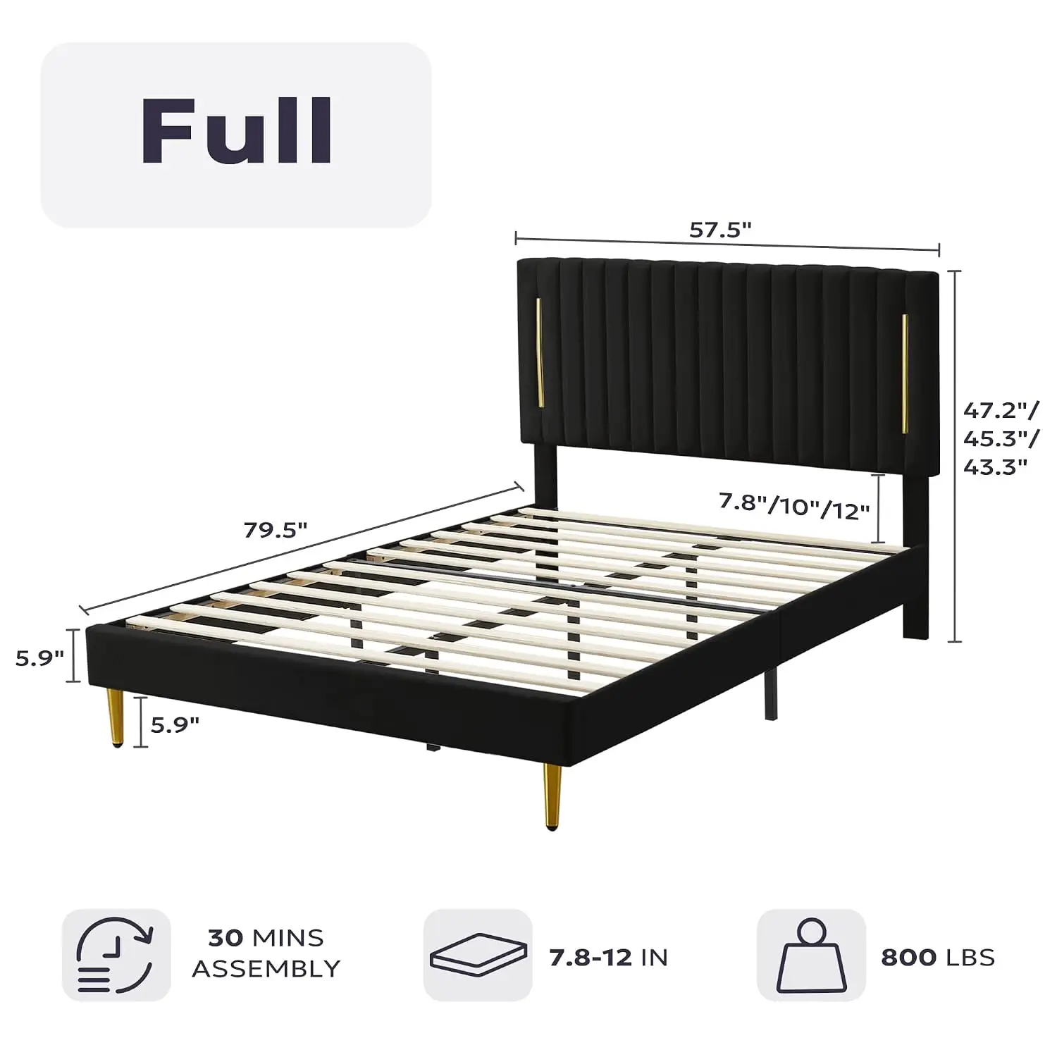 Full Platform Bed Frame, Velvet Upholstered Bedframe with Vertical Channel Adjustable Headboard, Golden Plating, Customized