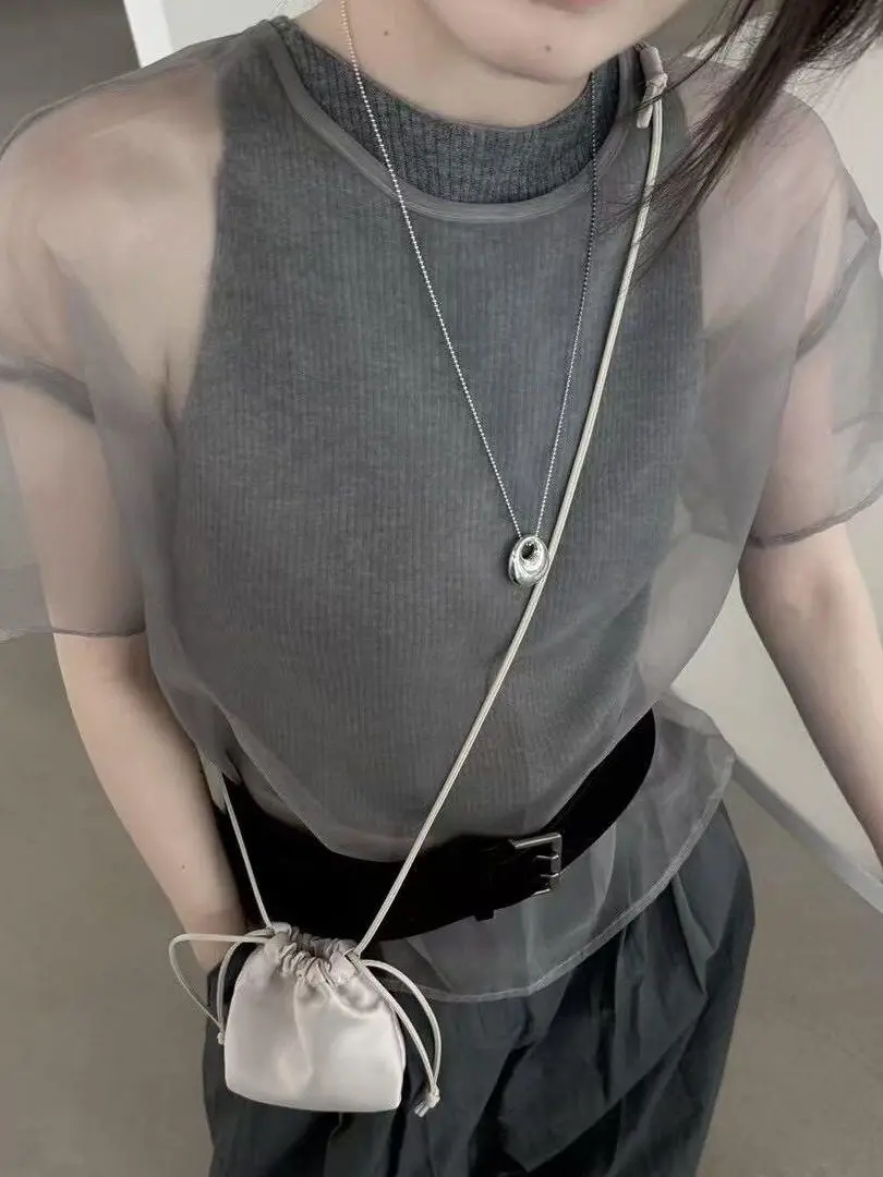 Gray Ogege Short Sleeve T-Shirt Women Summer Mesh Underwear Thin Chiffon Shirt Atmosphere Sensation Combination Top