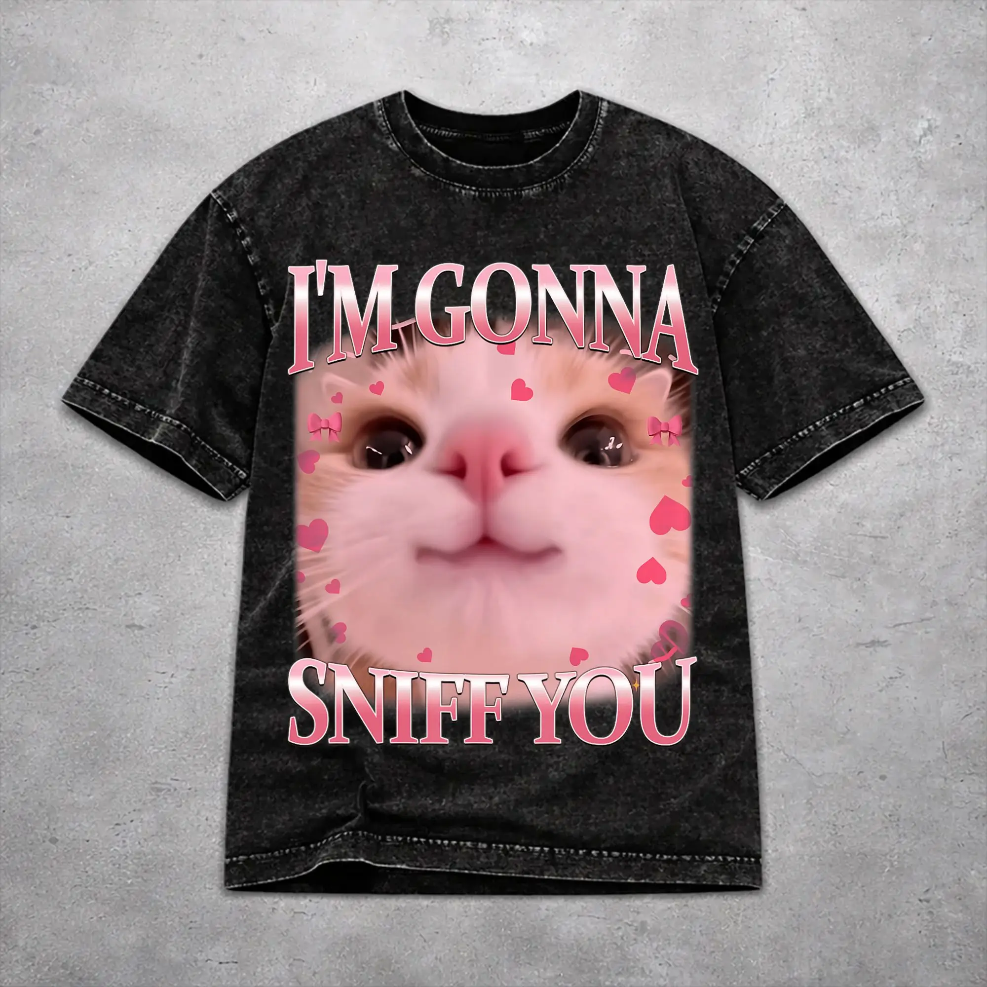 I'm Gonna Sniff You Funny Cat  Washed T Shirt Vintage Harajuku Men Women  Loose Tee T-Shirts Short Sleeve